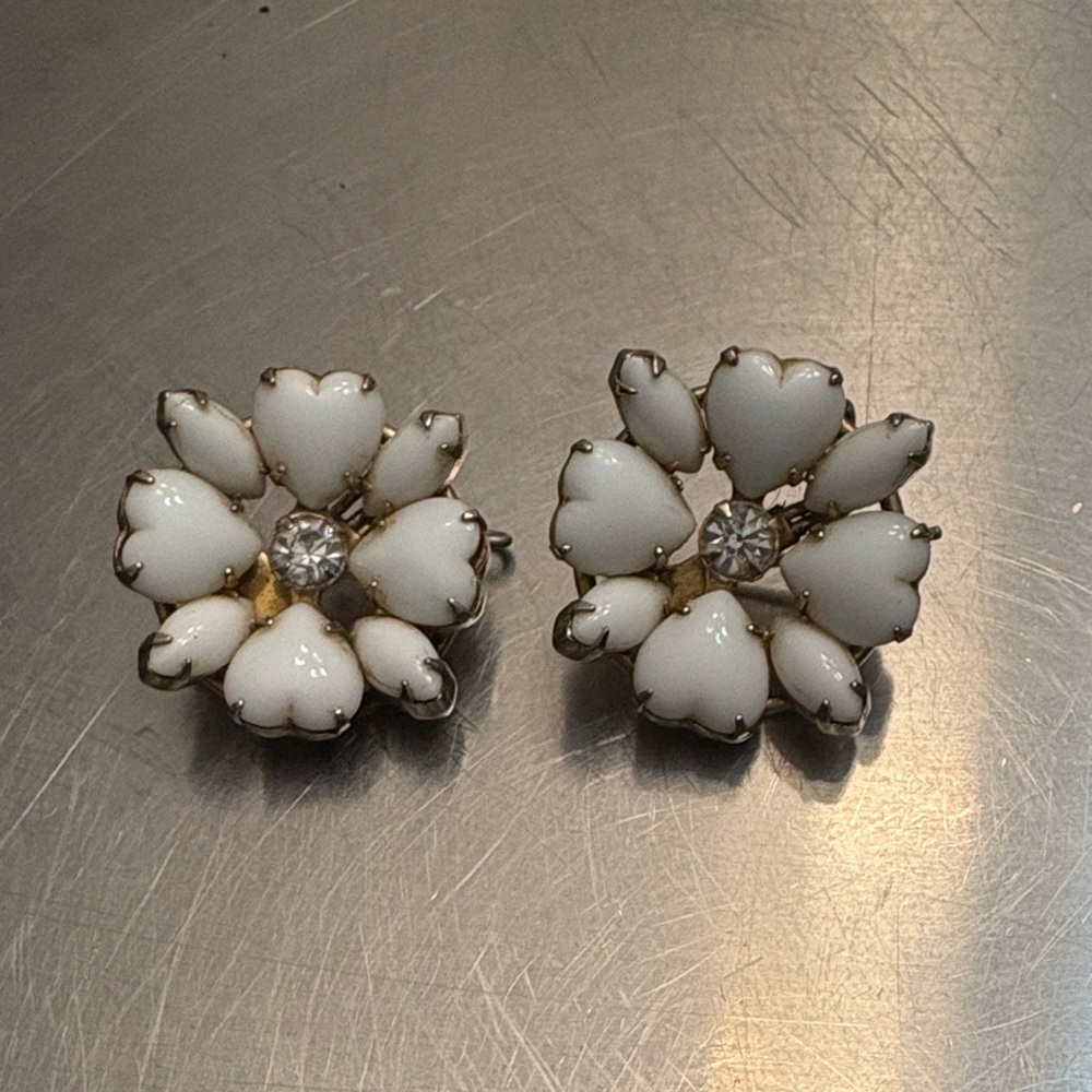 Vintage signed Wingback White Floral Earrings